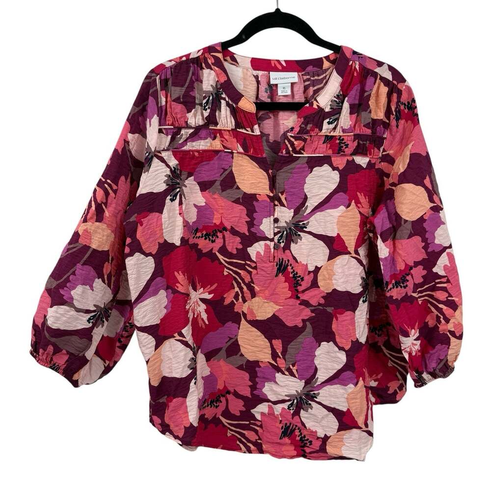 Liz Claiborne Top Size XL Bold Floral Crinkle Knit 3/4 Puff Sleeve Popover